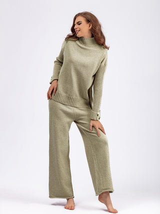 High- Low Turtleneck Long Sleeve Top and Pants Sweater Set