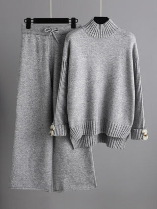 High- Low Turtleneck Long Sleeve Top and Pants Sweater Set