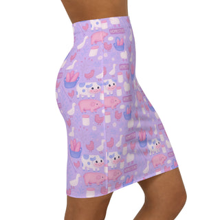 Pastel Homestead Women's Mid-Waist Pencil Skirt, Cute Farm Animal Pattern, Casual Outing, Spring Fashion, Gifts for Her, Trendy Summer Outfit