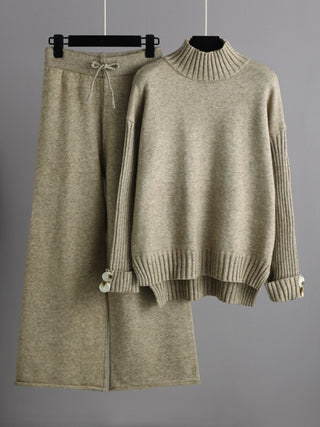 High- Low Turtleneck Long Sleeve Top and Pants Sweater Set