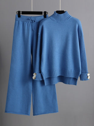 High- Low Turtleneck Long Sleeve Top and Pants Sweater Set