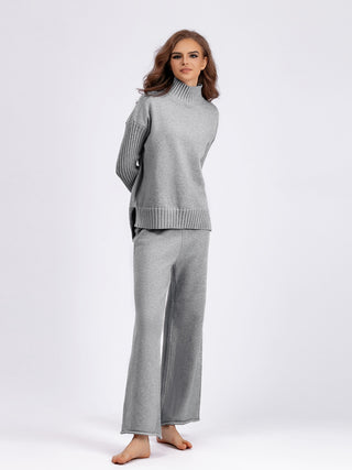 High- Low Turtleneck Long Sleeve Top and Pants Sweater Set