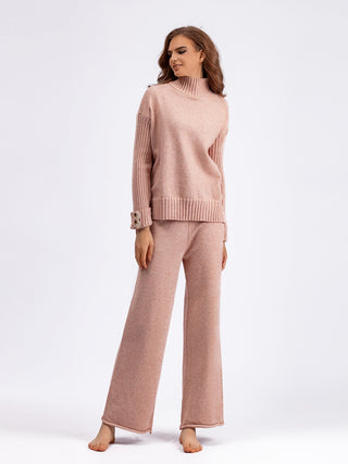 High- Low Turtleneck Long Sleeve Top and Pants Sweater Set