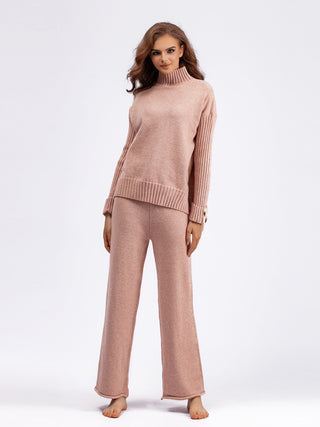 High- Low Turtleneck Long Sleeve Top and Pants Sweater Set