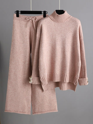 High- Low Turtleneck Long Sleeve Top and Pants Sweater Set