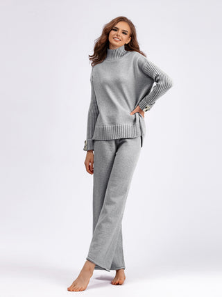 High- Low Turtleneck Long Sleeve Top and Pants Sweater Set