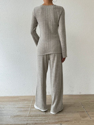 Ribbed V-Neck Long Sleeve Top and Pocketed Pants Set