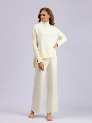 High- Low Turtleneck Long Sleeve Top and Pants Sweater Set