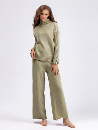 High- Low Turtleneck Long Sleeve Top and Pants Sweater Set